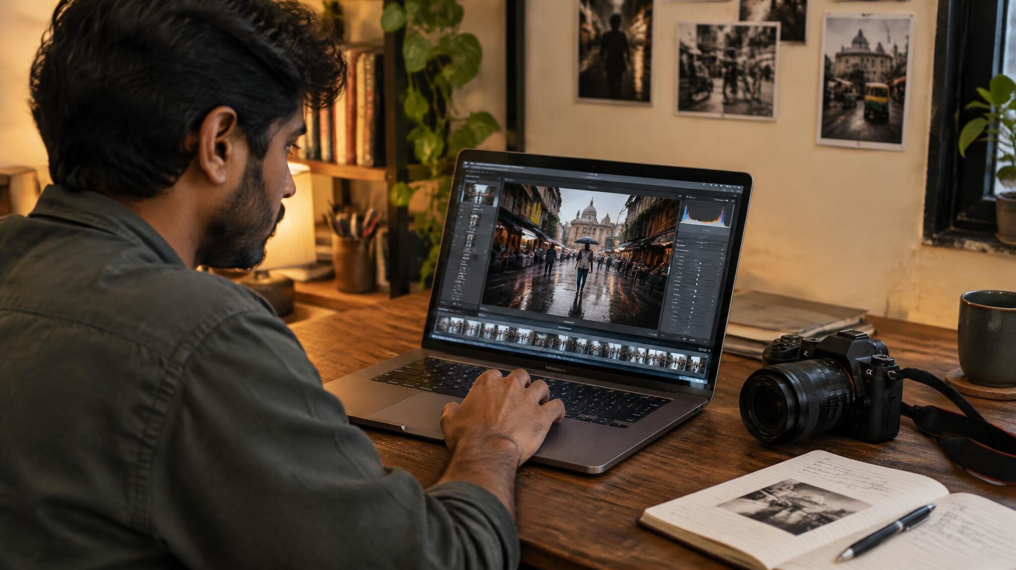 Person editing photographs on a laptop at a desk